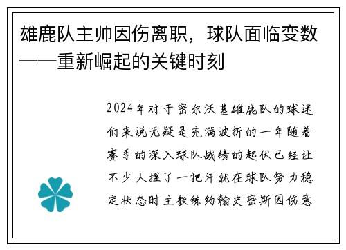 雄鹿队主帅因伤离职，球队面临变数——重新崛起的关键时刻